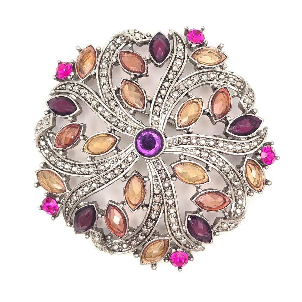 Silver Tone Vintage Brooch Floral Filigree Medallion Multicolor Rhinestones